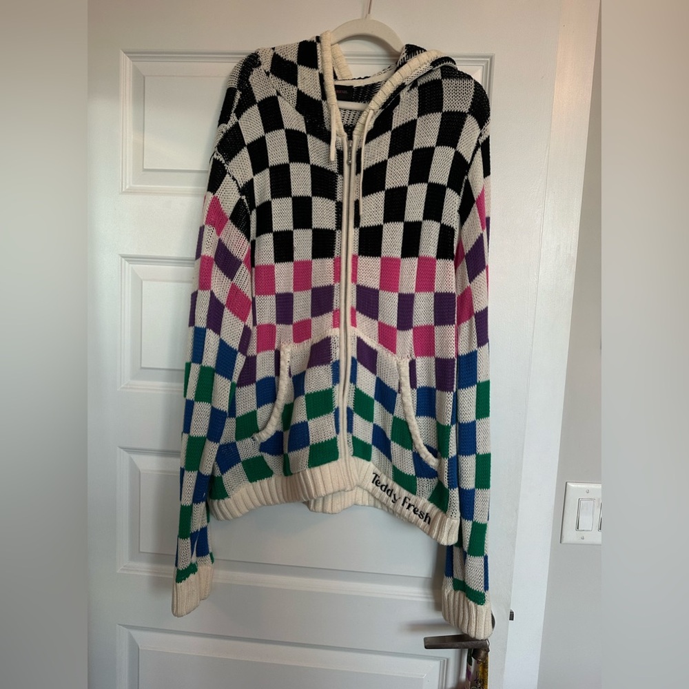 Teddy Fresh zip up bear checkered sweater
